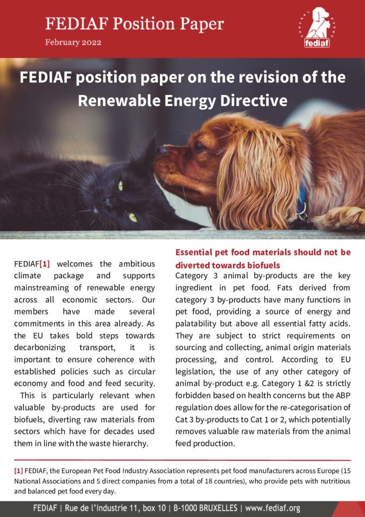 FEDIAF position paper on the revision of the Renewable Energy Directive cover